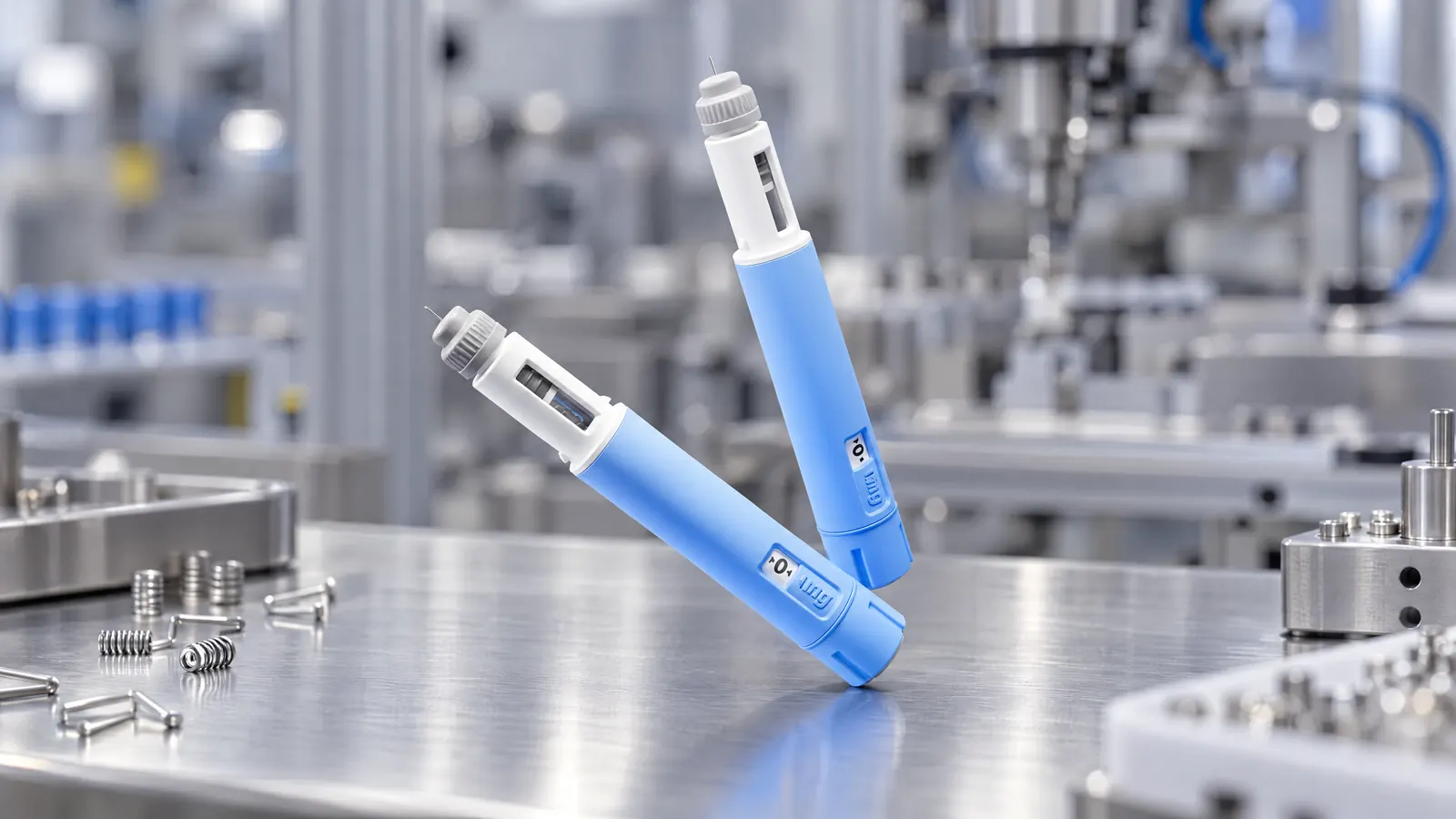 Medical injection pens on a production line
